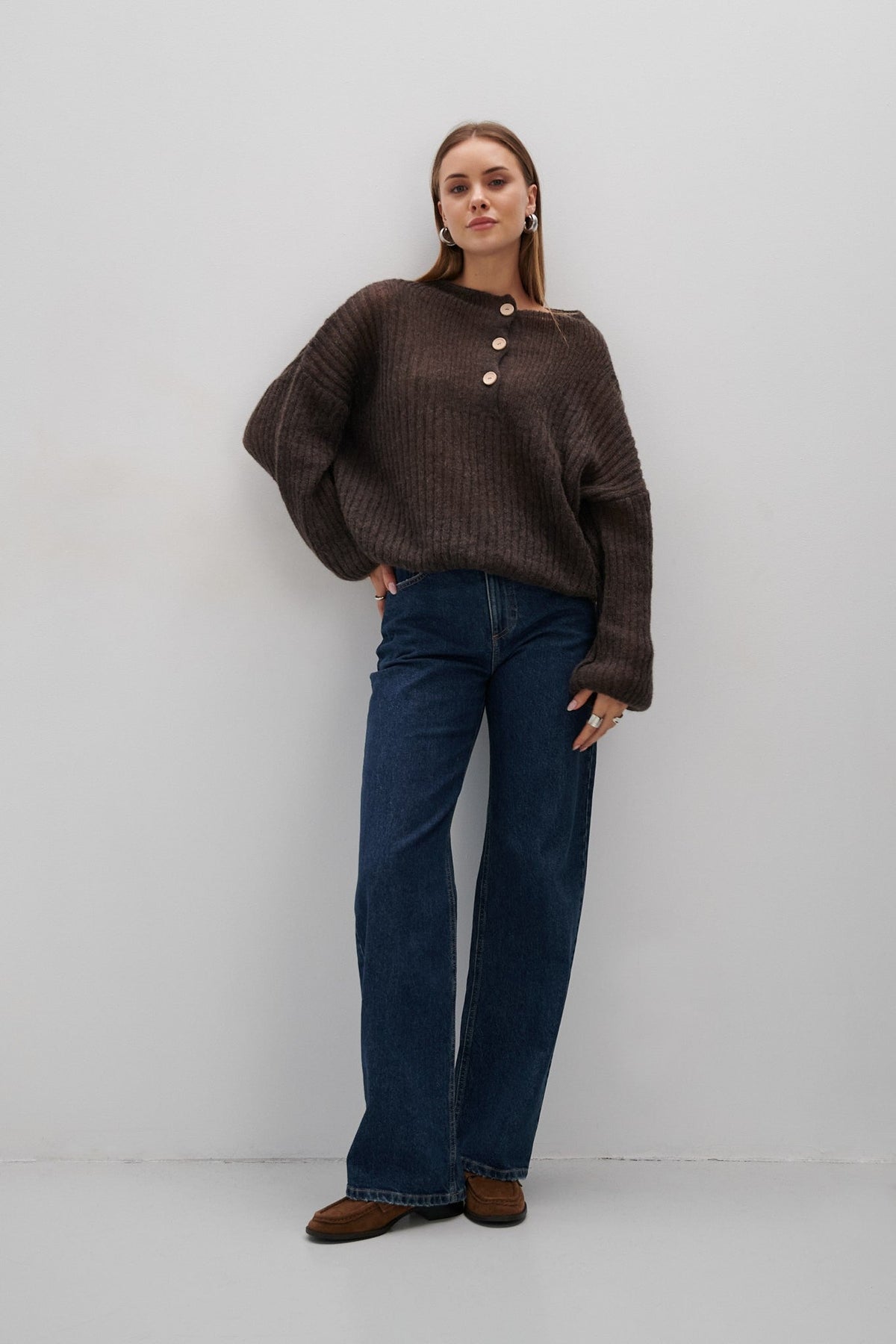 Brown Alpaca Wool Button-Up Sweater
