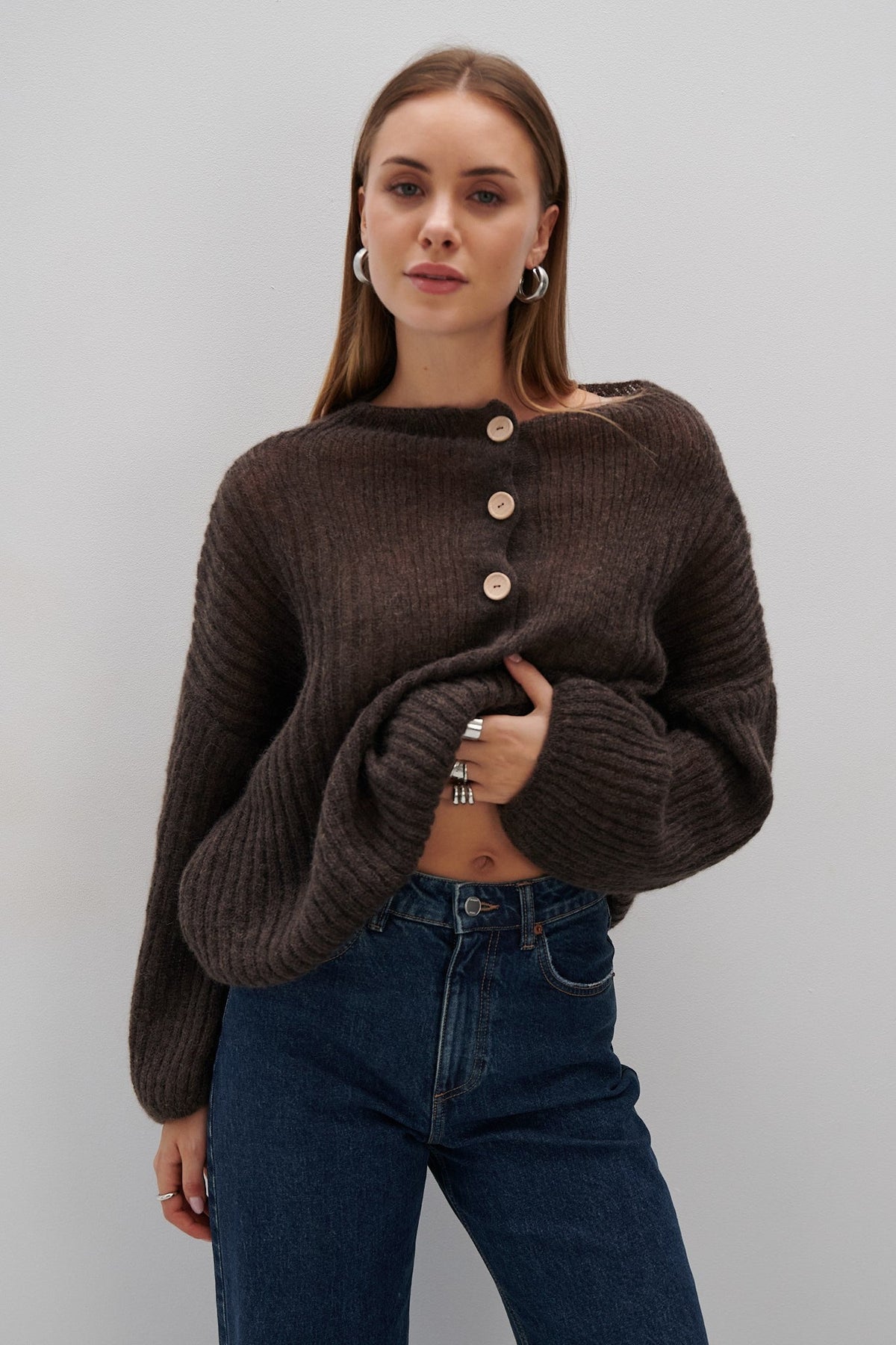 Brown Alpaca Wool Button-Up Sweater