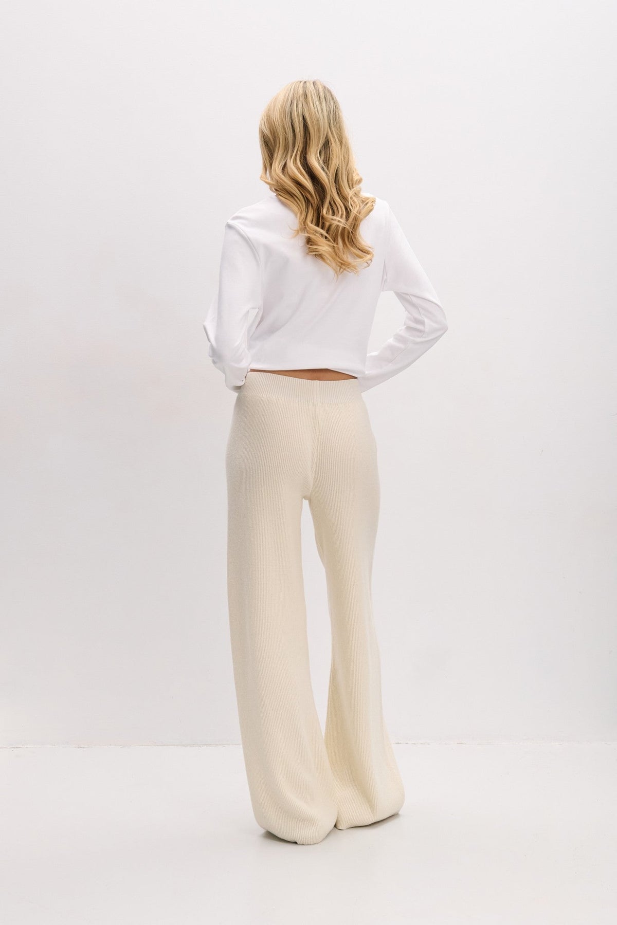 Long merino wool trousers, olive ecru