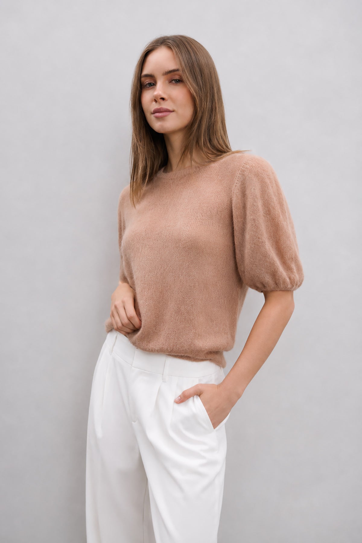 Sweter z krótkim rękawem z wełny baby alpaka i wełny virgin jasny brąz