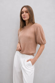 Sweter z krótkim rękawem z wełny baby alpaka i wełny virgin jasny brąz