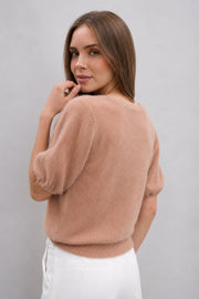 Sweter z krótkim rękawem z wełny baby alpaka i wełny virgin jasny brąz