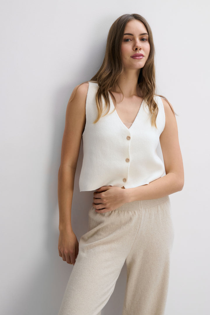 Unsealed vest of organic cotton and ecru cashmere