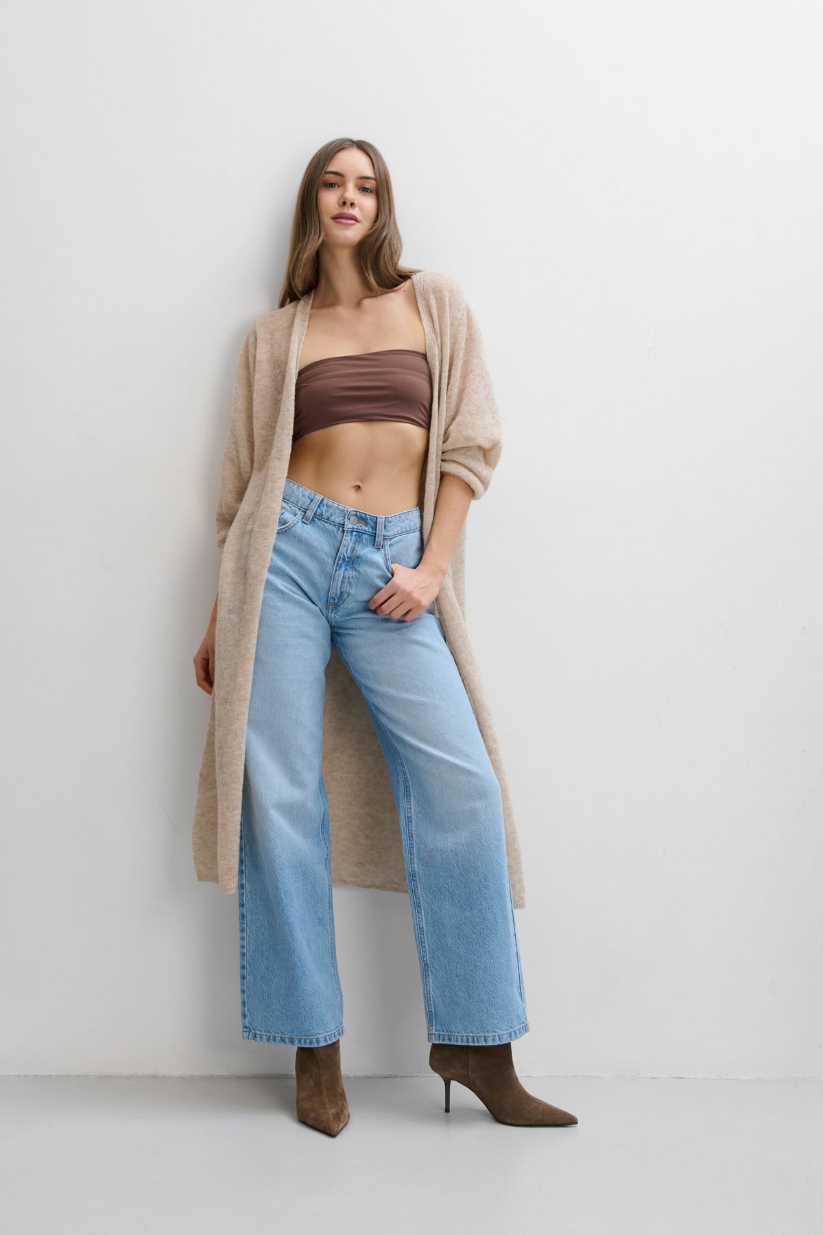 Long cardigan mist of baby alpaca wool and virgin beige wool