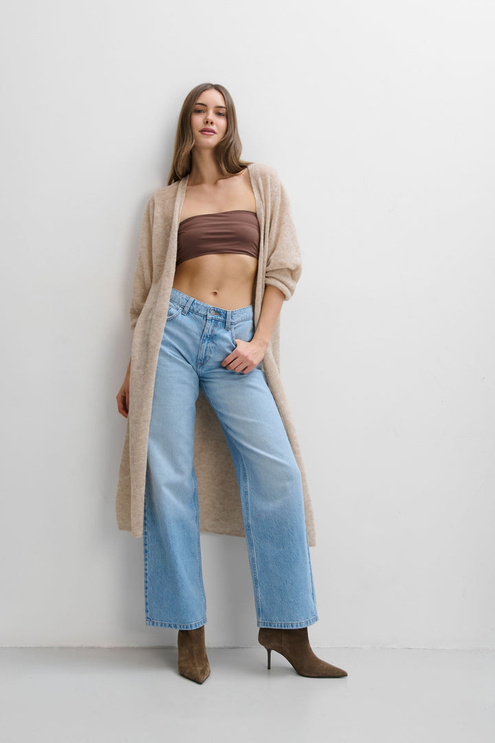 Long cardigan mist of baby alpaca wool and virgin beige wool