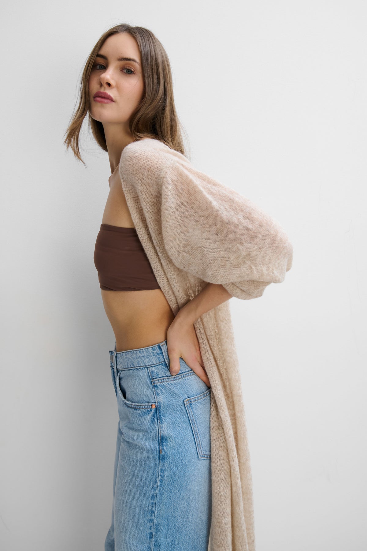 Long cardigan made of baby alpaca wool and virgin wool, beige