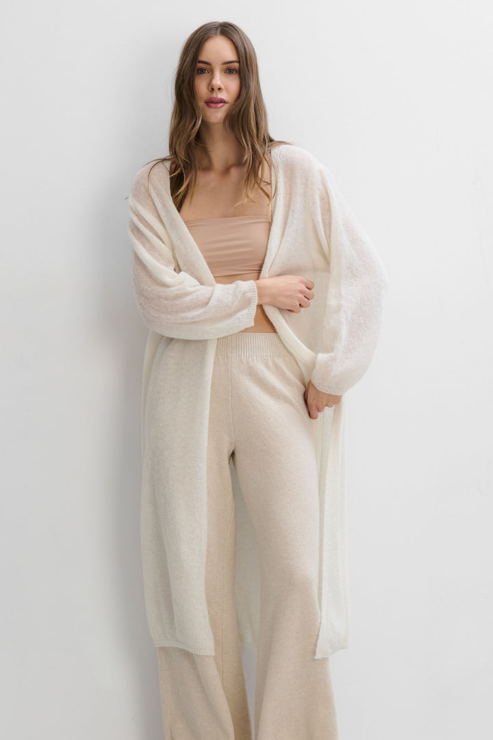 Long cardigan mist of baby alpaca wool and virgin ecru wool
