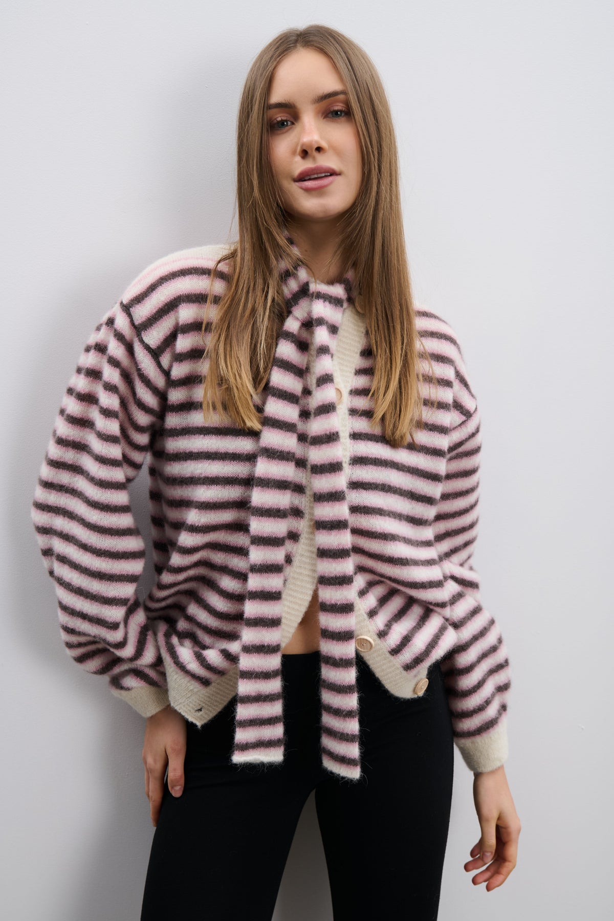 Soft Stripe Alpaca Wool Cardigan Pink