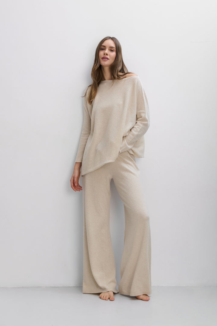 Soft Horizon cashmere and merino wool pants and blouse set, beige