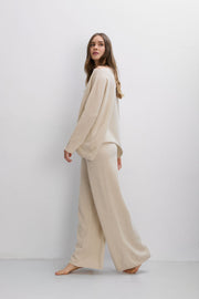 Soft Horizon cashmere and merino wool pants and blouse set, beige