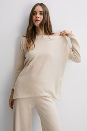 Soft Horizon cashmere and merino wool pants and blouse set, beige