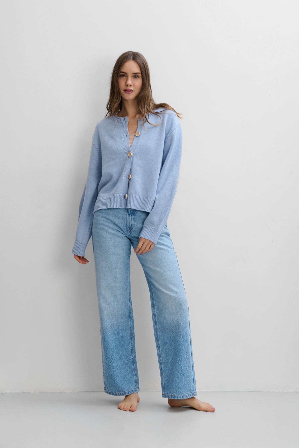 Calm Blue Cashmere and Merino Wool Cardigan