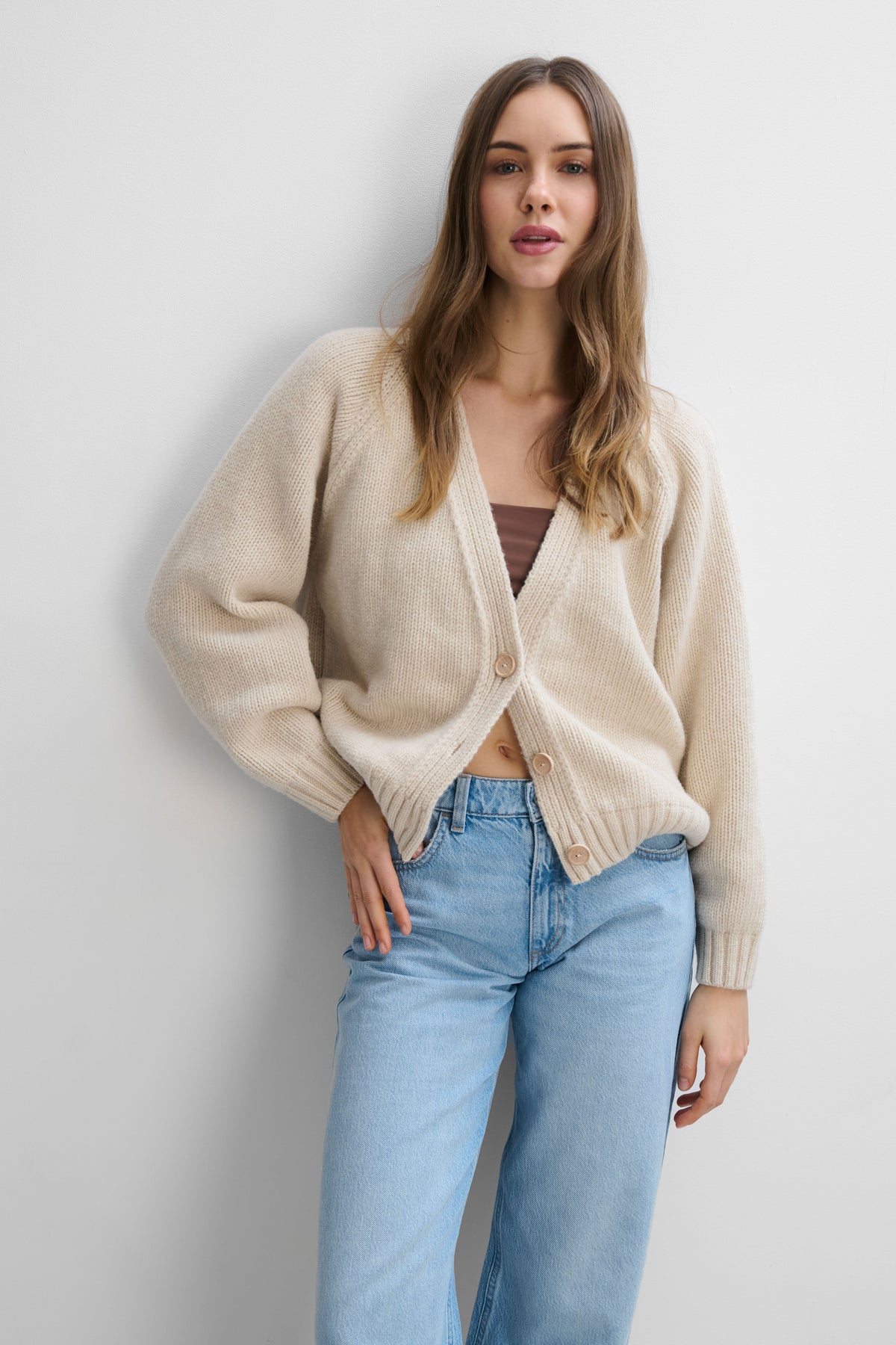 Velvet Core Beige Cashmere and Merino Wool Cardigan