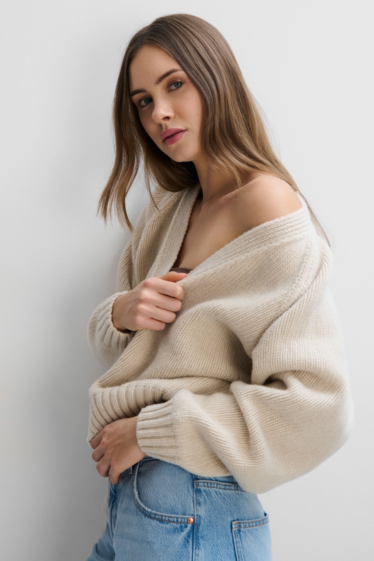 Velvet Core Beige Cashmere and Merino Wool Cardigan