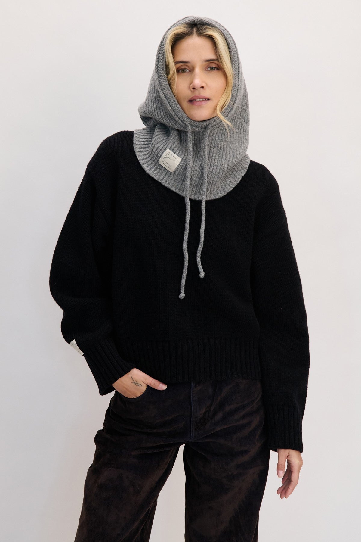 Wool balaclava, ribbed weave, gray