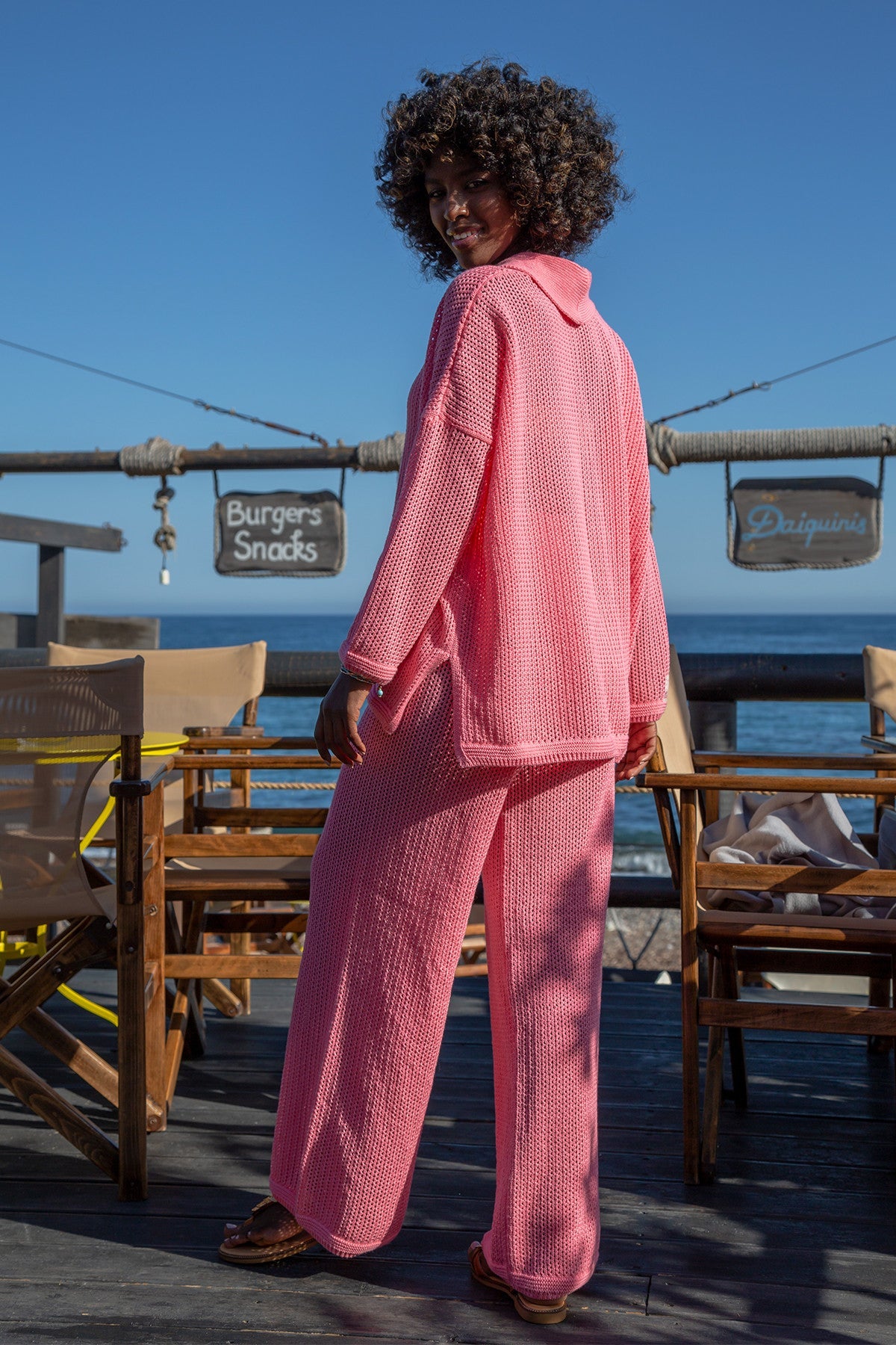 Cotton openwork set: buttoned shirt and long pants, crystalrose