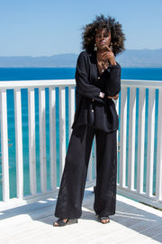 Cotton openwork set: buttoned shirt and long pants, black