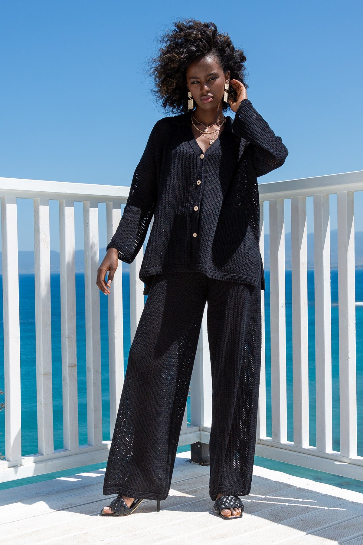 Cotton openwork set: buttoned shirt and long pants, black