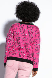 Pink Heart Crown Cotton Sweater