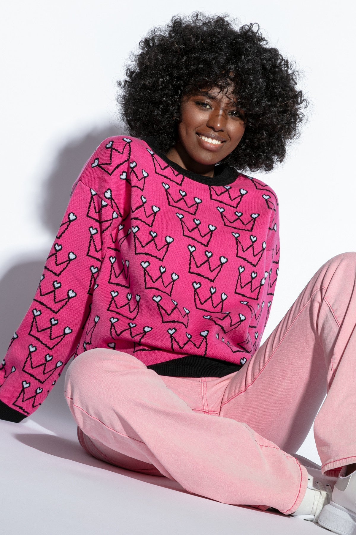 Pink Heart Crown Cotton Sweater