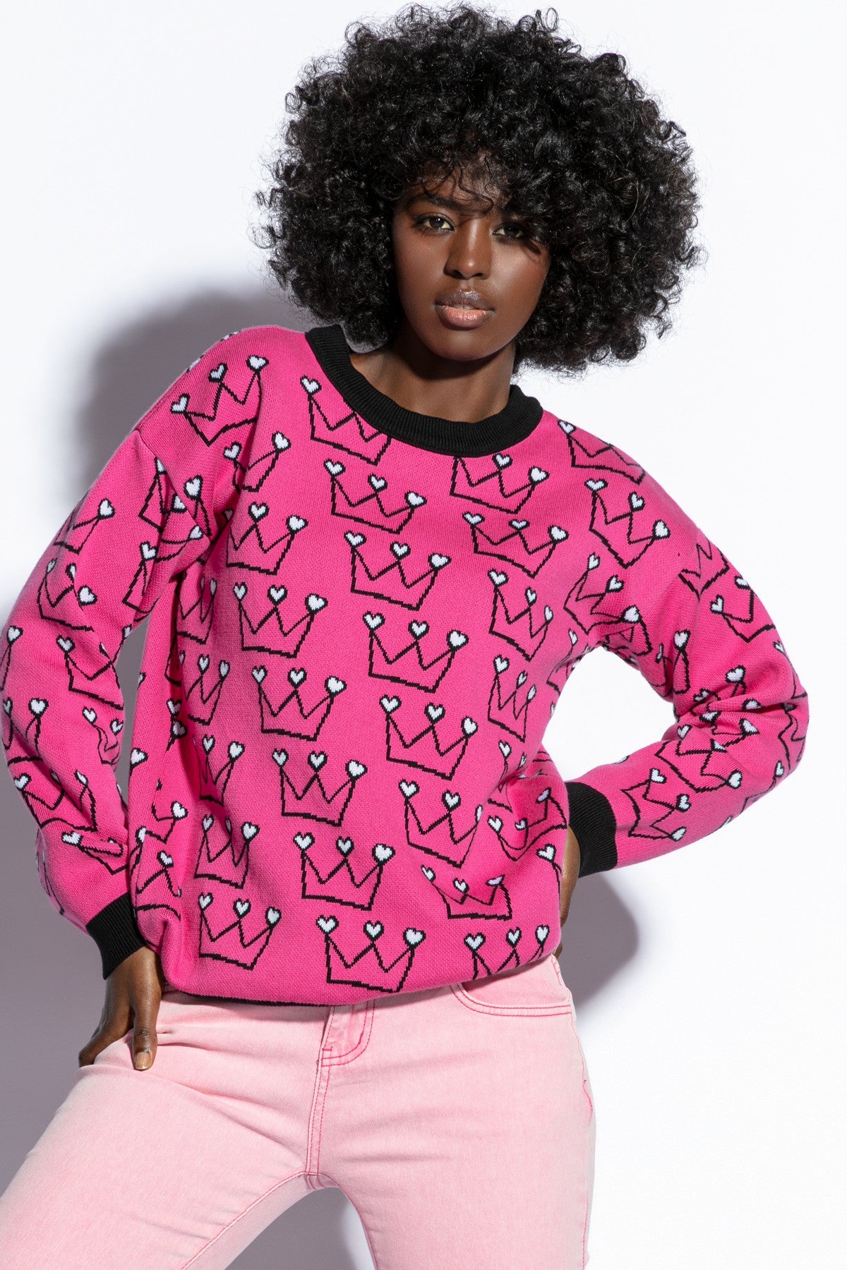 Pink Heart Crown Cotton Sweater