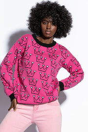 Pink Heart Crown Cotton Sweater