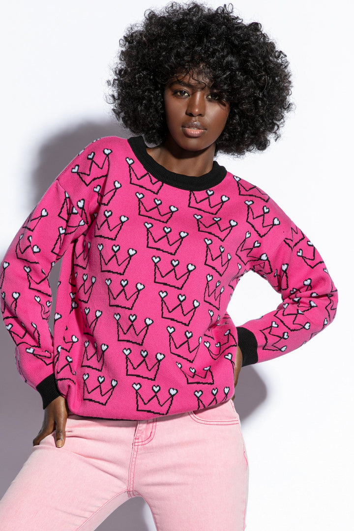 Pink Heart Crown Cotton Sweater