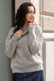 KID MOHAIR AND MERINOS WOOL SEAMLESS OVERSIZED TURTLENECK SWEATER WITH CUFFED CUFFS, GREY