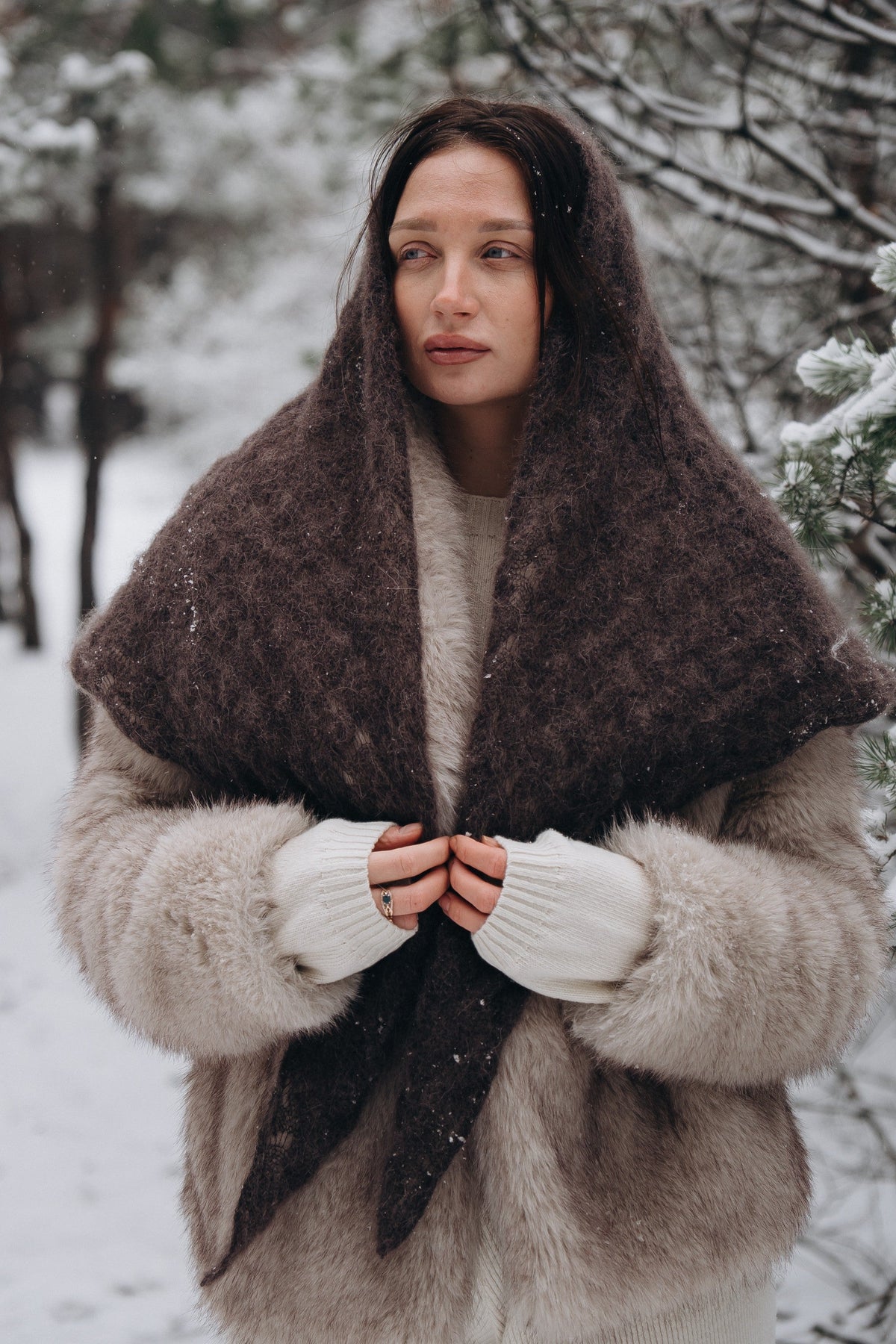 Cloudloom Shawl, alpaca wool openwork scarf, brown
