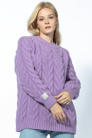 Warm purple cable-knit sweater with a neckline