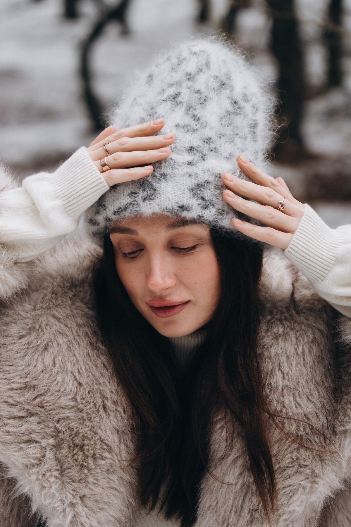 Czapka z wełny kid moher Snow Polar Dream ecru
