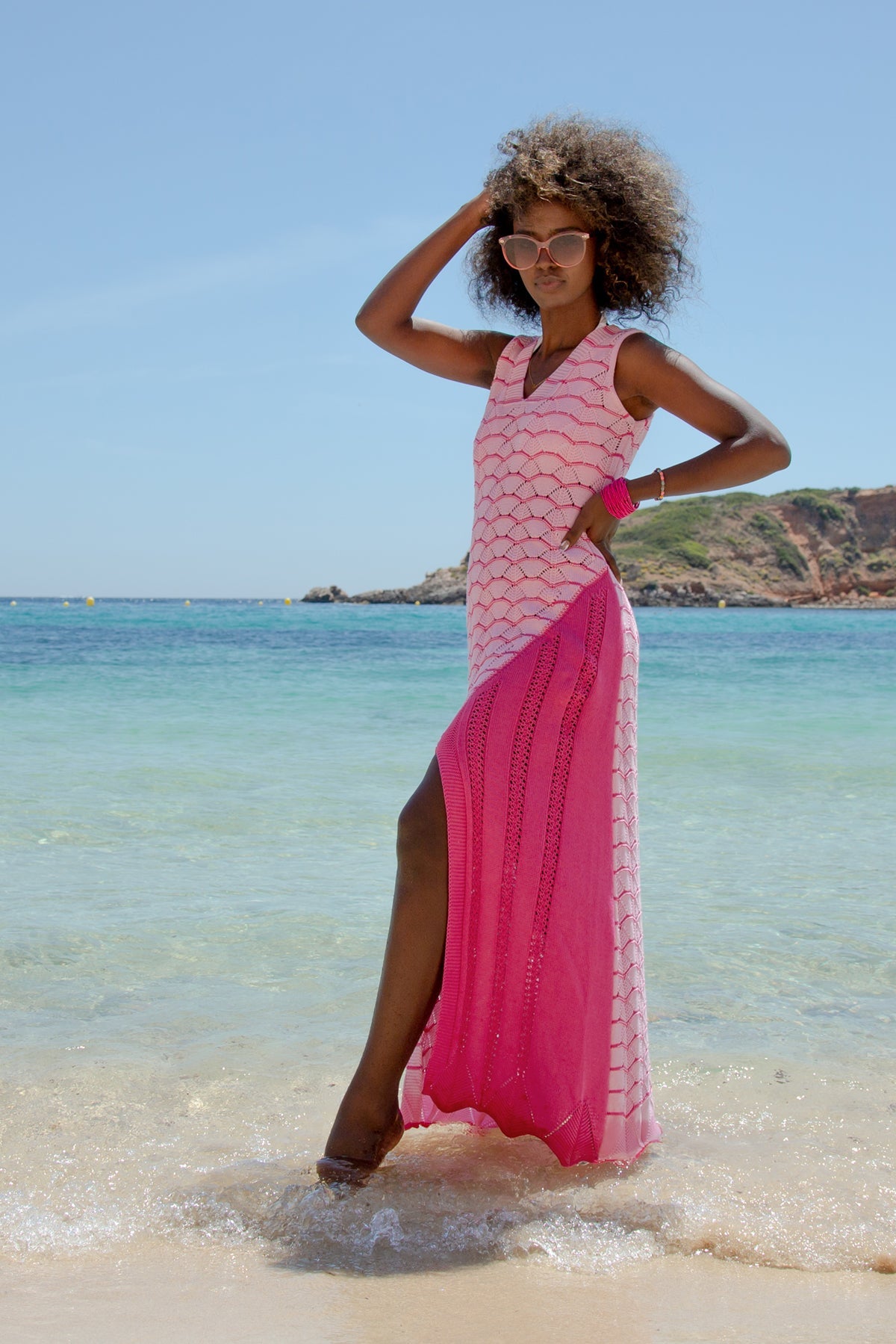 Long openwork summer dress candypink pink