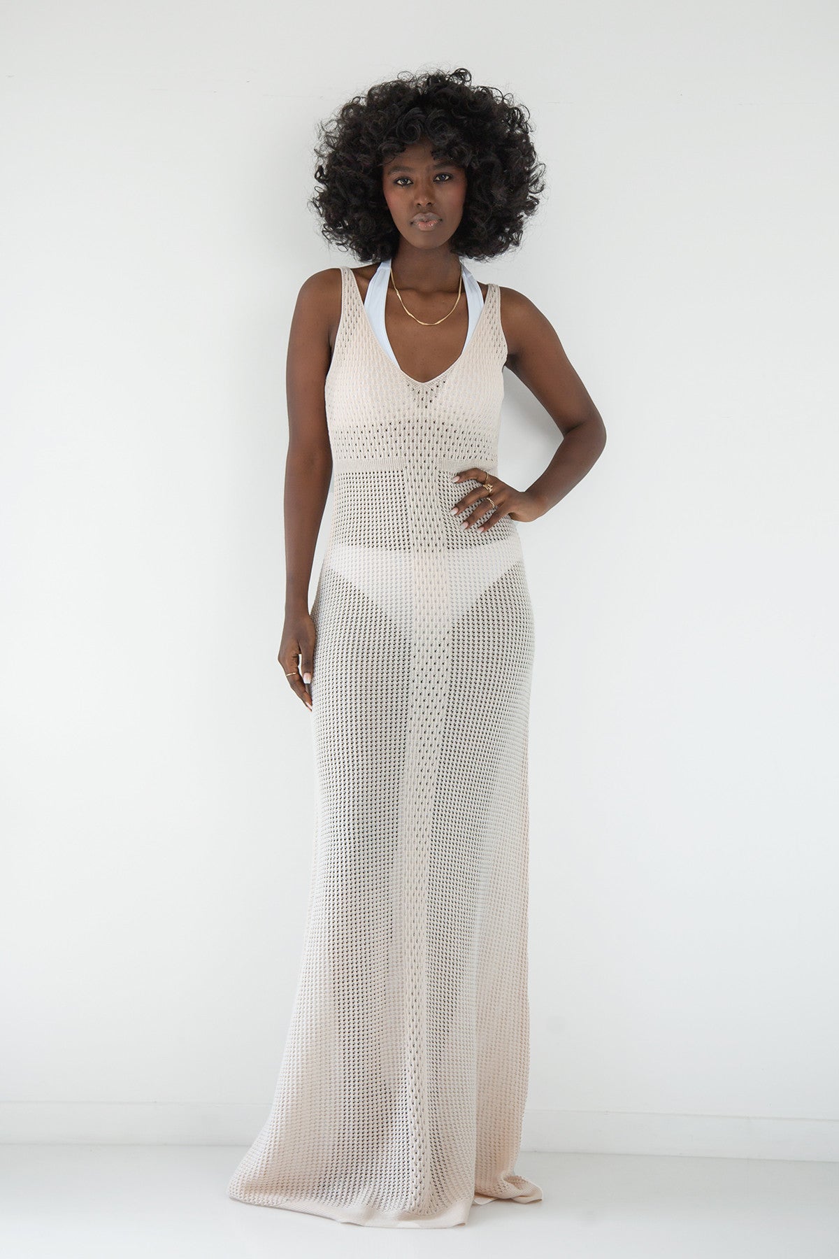 Long openwork dress with straps, beige