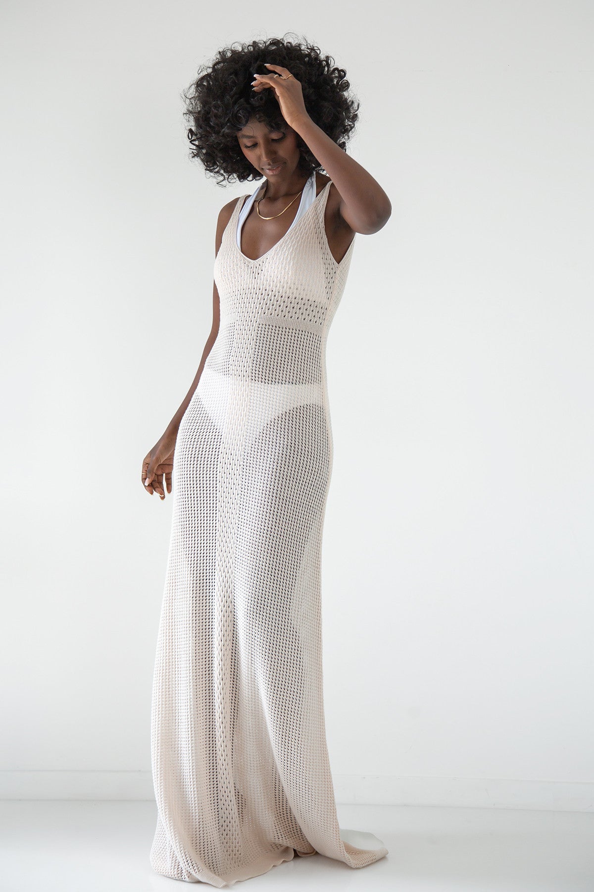 Long openwork dress with straps, beige