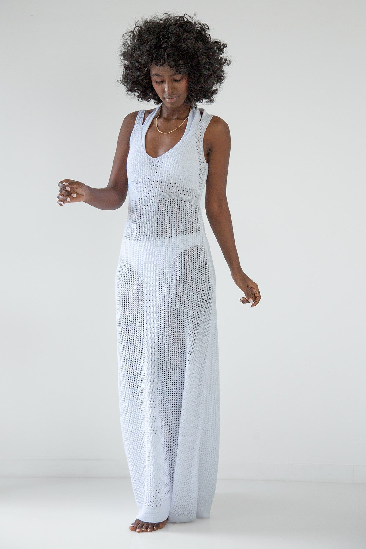 Long openwork dress with straps, white
