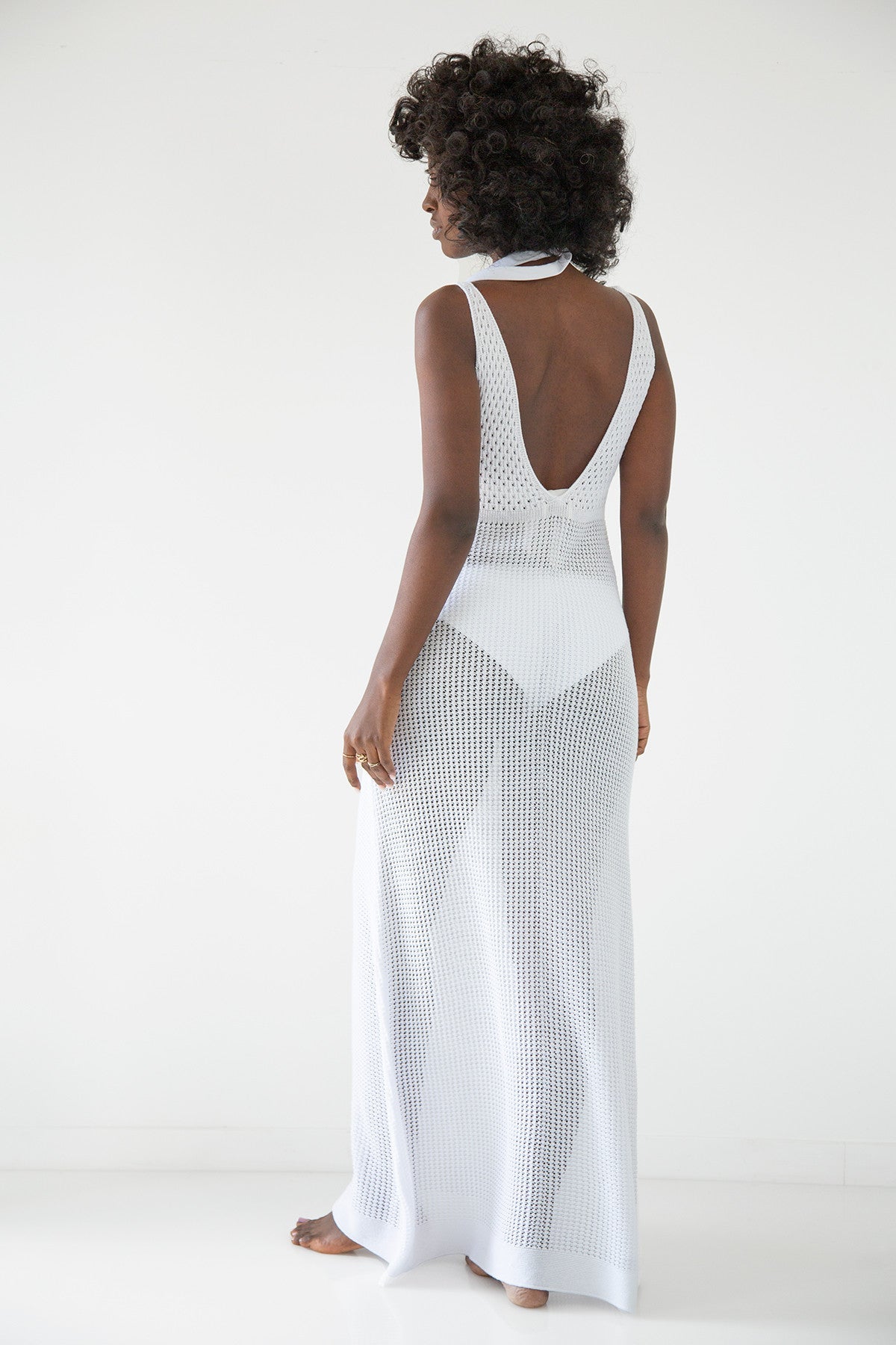 Long openwork dress with straps, white