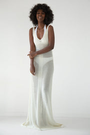 Long openwork dress with straps, ecru
