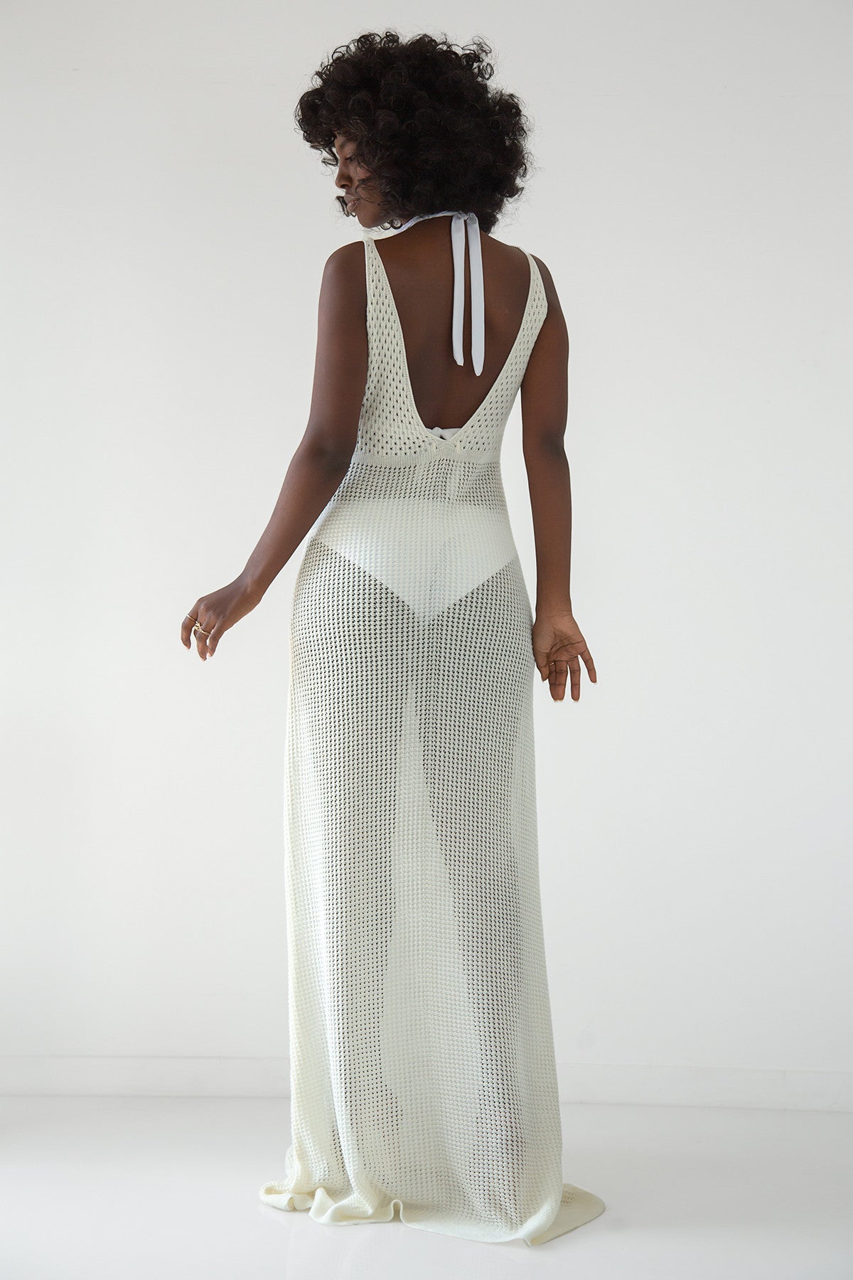 Long openwork dress with straps, ecru