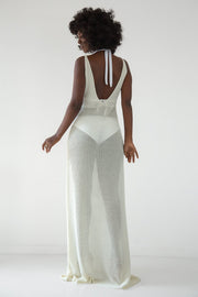 Long openwork dress with straps, ecru
