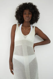 Long openwork dress with straps, ecru