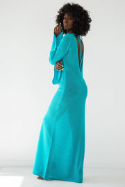 Długa sukienka ażurowa z dekoltem na plecach z bawełny niebieski