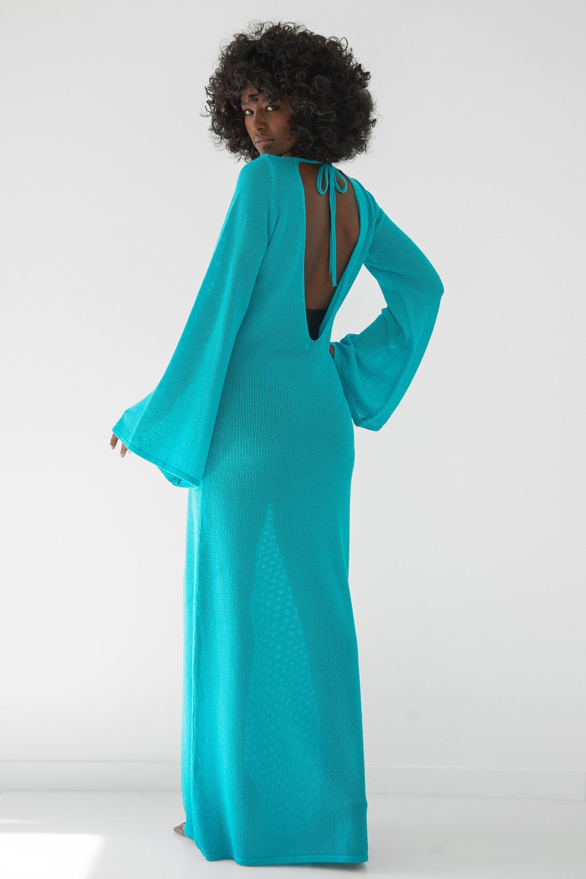 Long dress with cleavage on the back of blue cotton