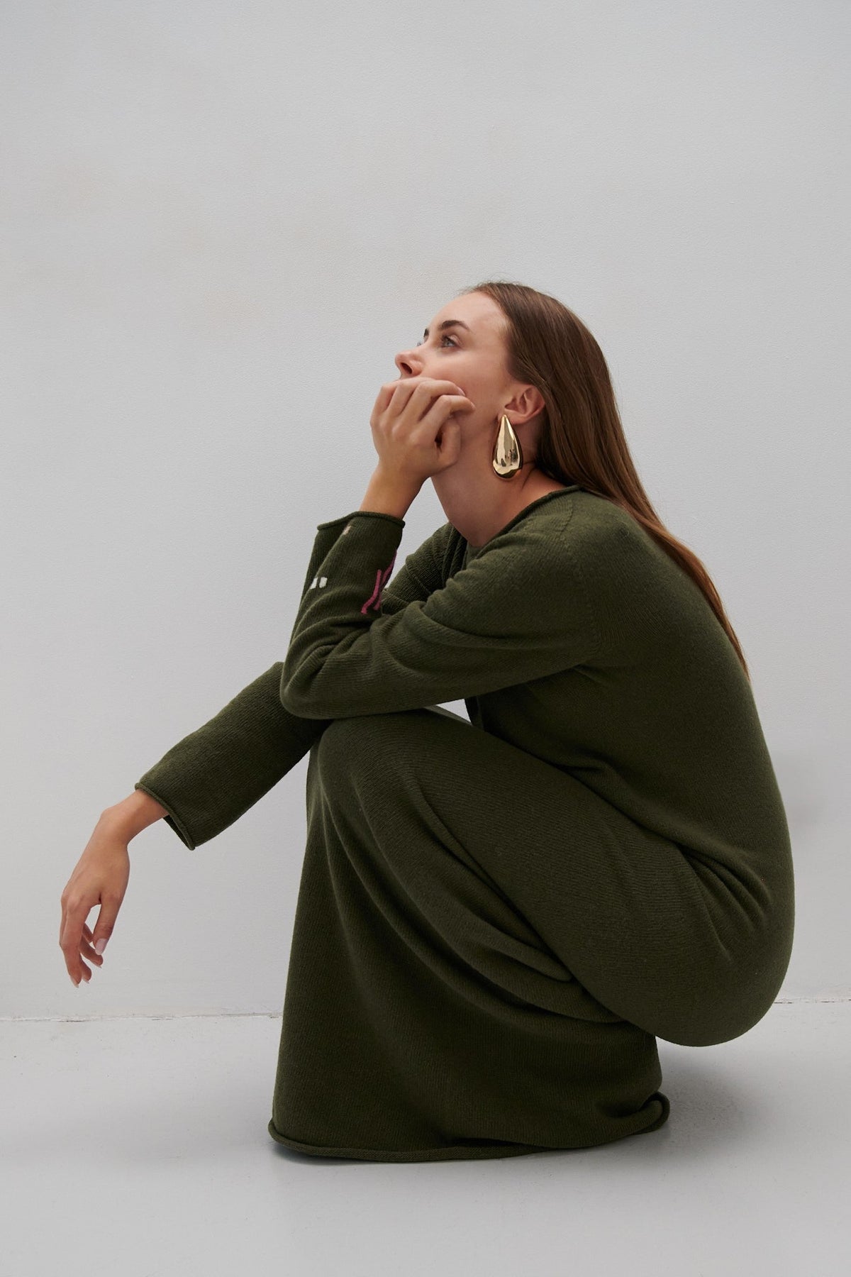 Long merino wool dress, olive green