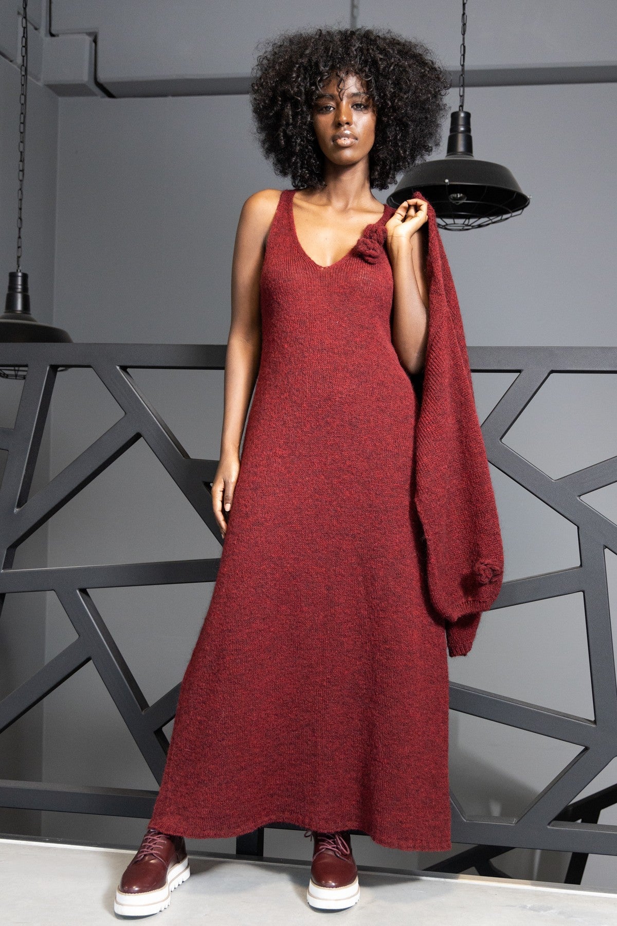Long woolen dress with a burgundy flower