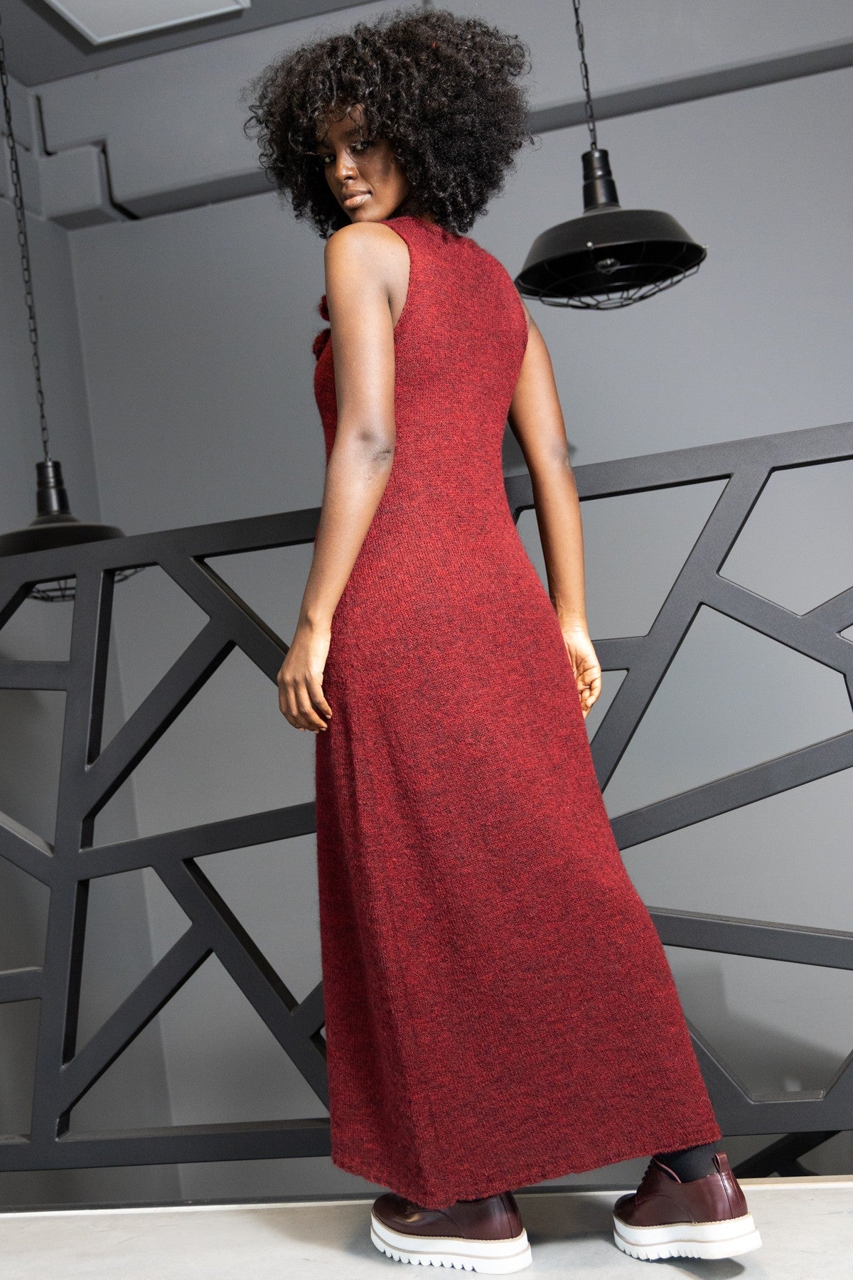 Long woolen dress with a burgundy flower