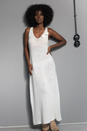 Long wool dress with ecru flower