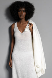 Long wool dress with ecru flower