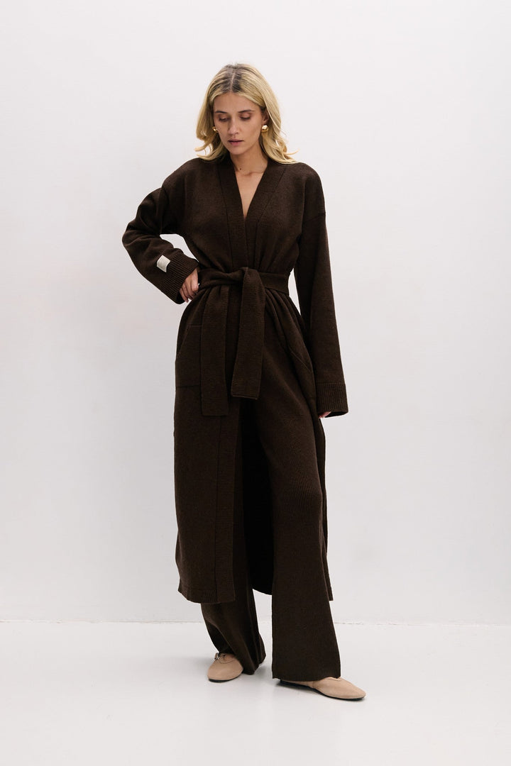 Long merino wool cardigan brown