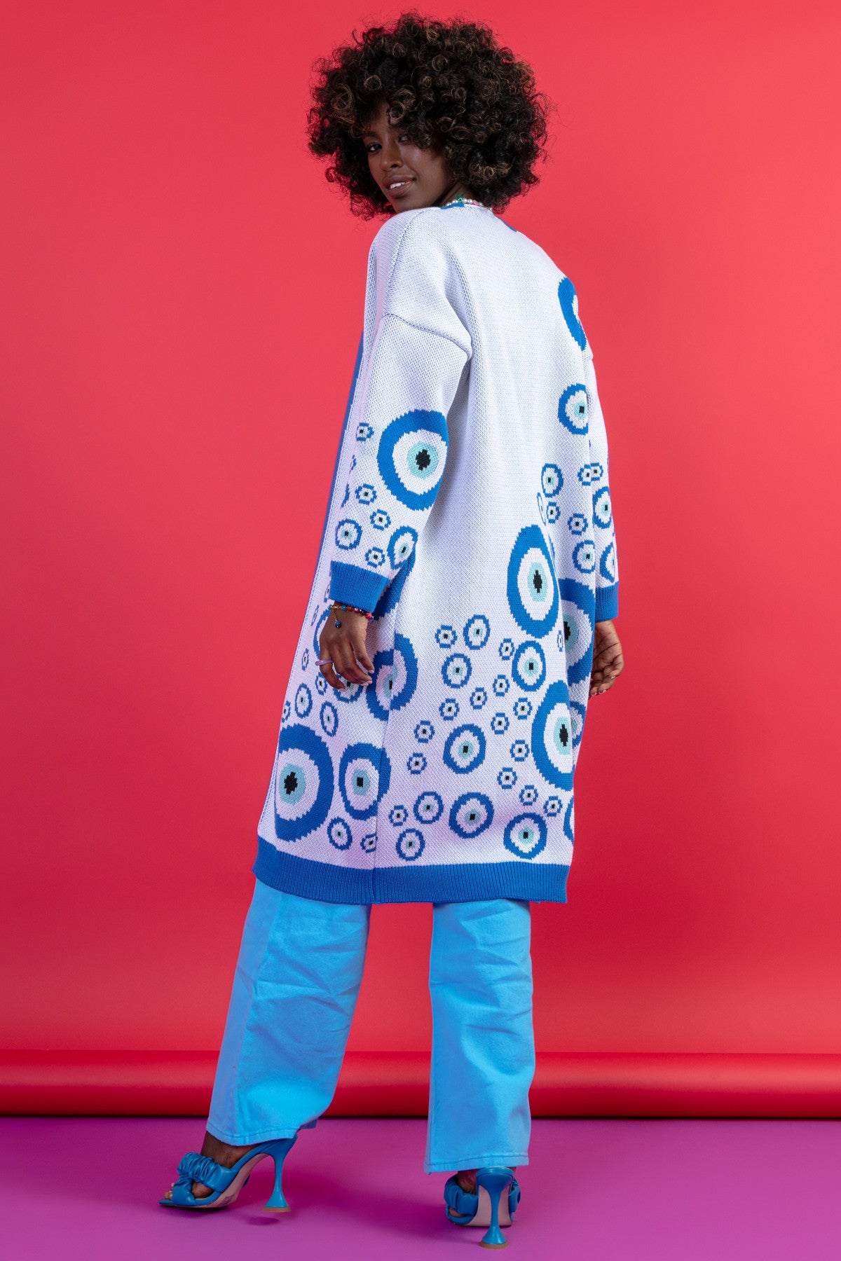 Long cardigan evil eye blue