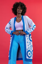 Long cardigan evil eye blue